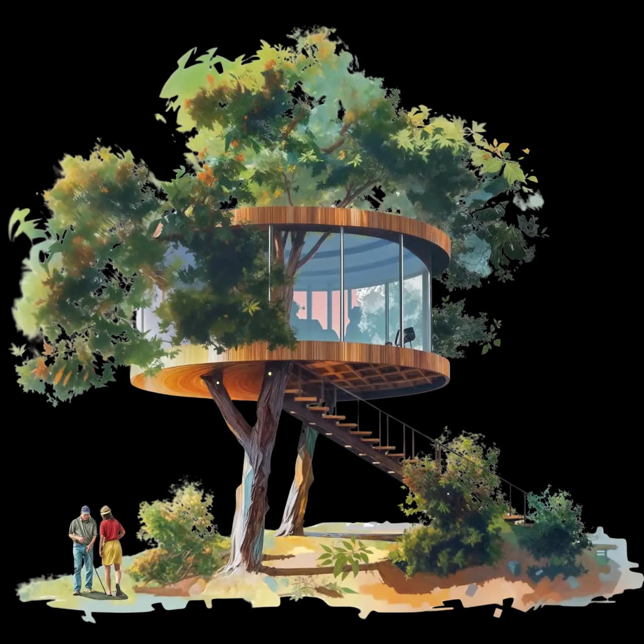 A round treehouse in a big tree, a couple walking up the path to it.