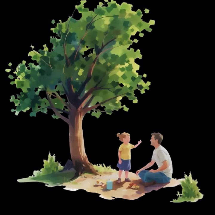 A father sitting with his young daughter under a tree.