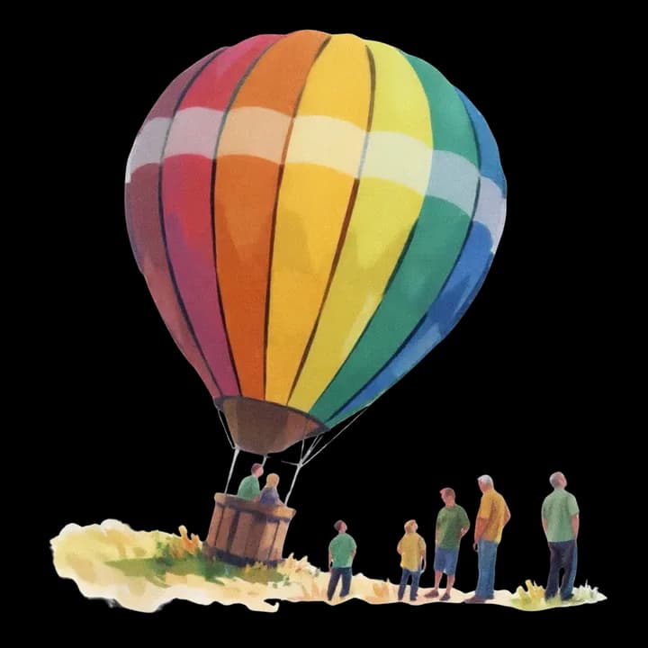 A family gathered around a colourful hot air balloon about to lift off.